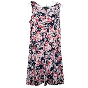 Perceptions NY Floral Dress L Sleeveless Fit Flare Navy Pink Stretch